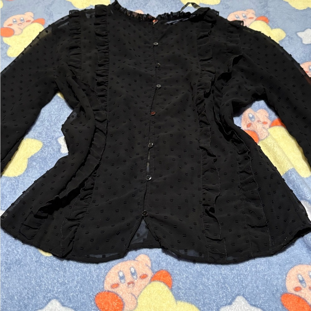 Black Ruffled Button-Up Blouse